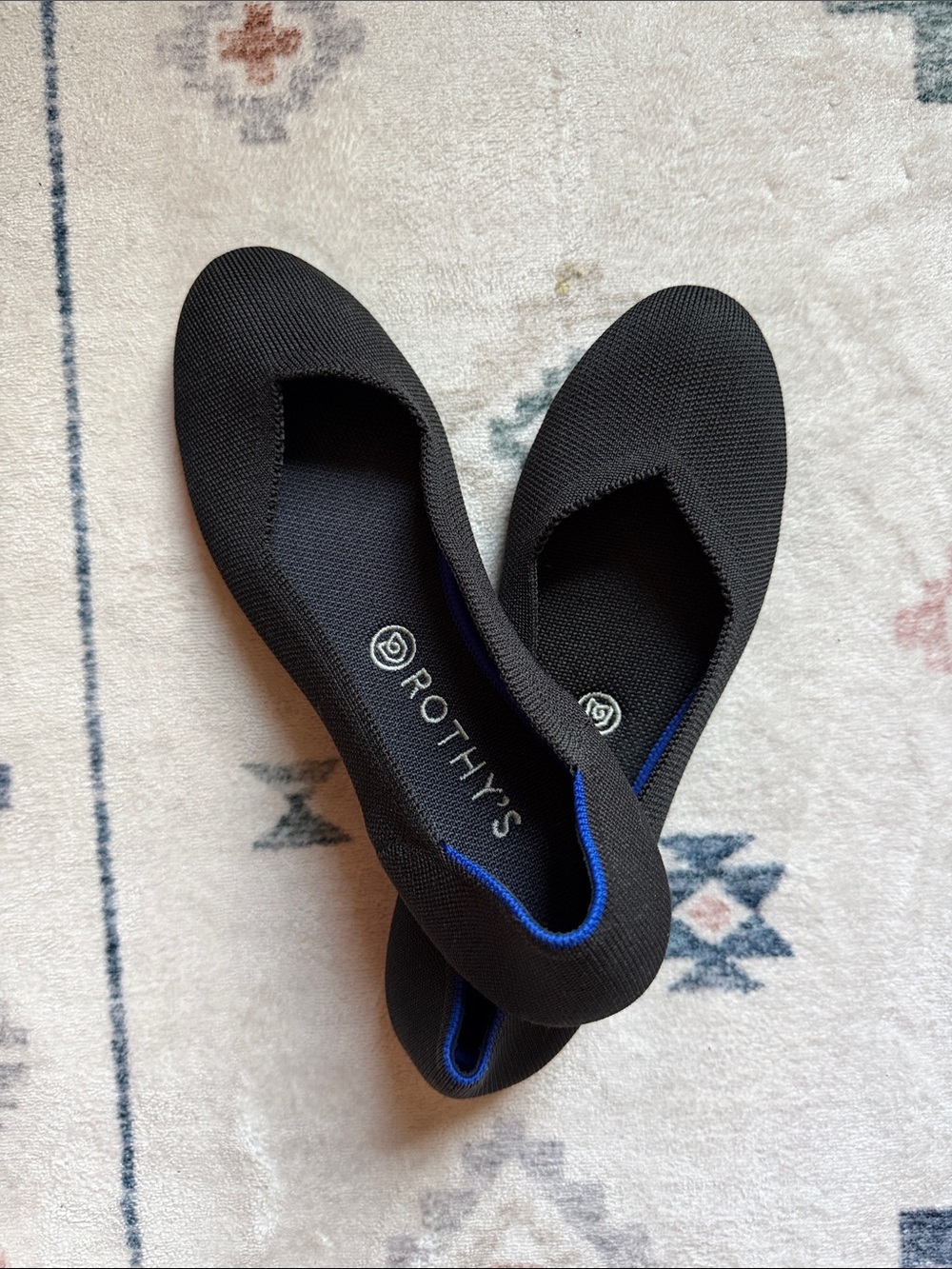 Rothy's Black Knit Slip-On Loafers with Blue Trim